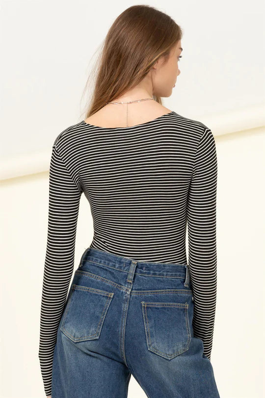 V-Neck Black/White Stripe Bodysuit