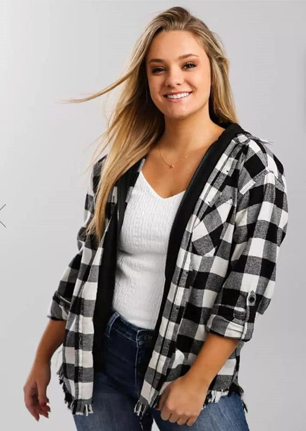 Hooded Buffalo Plaid Oversized Top