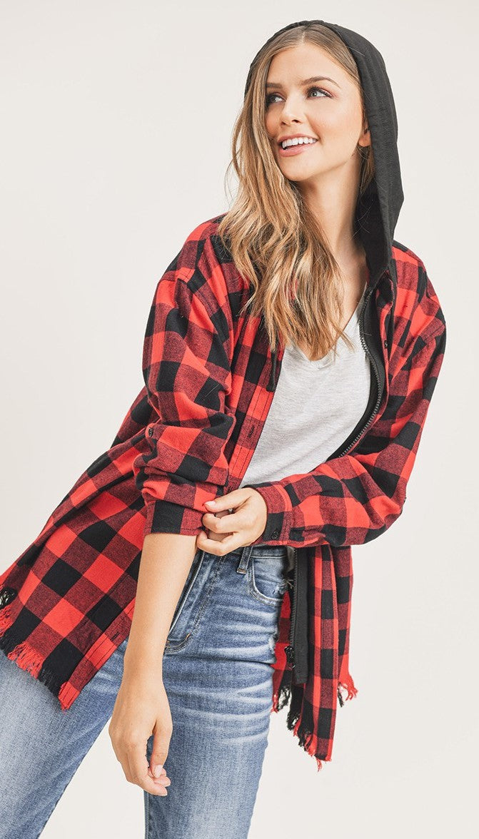 Hooded Buffalo Plaid Oversized Shirt