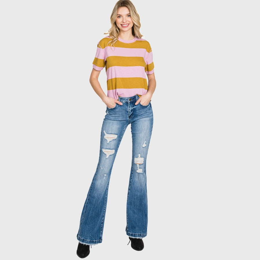 Distressed Mid Rise Stretch Flare Jean
